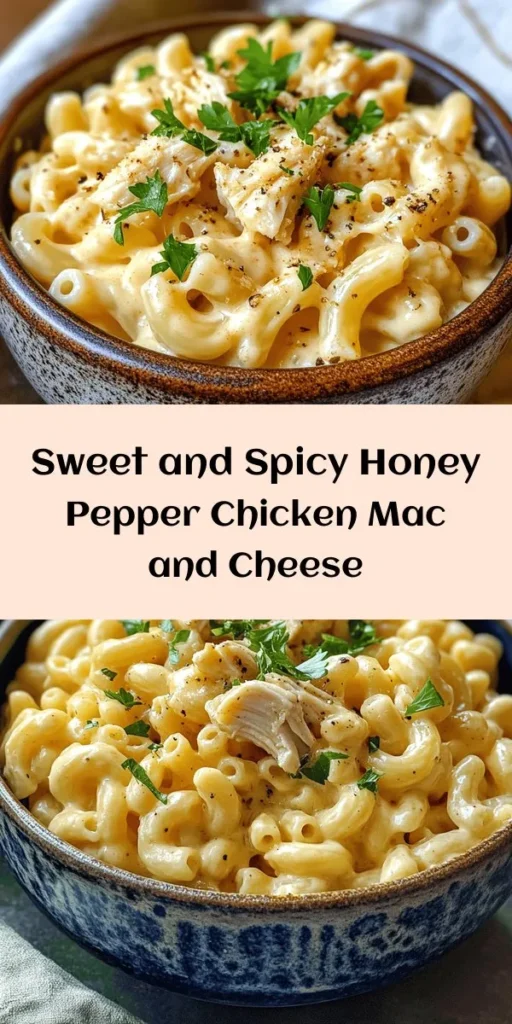 Satisfy your cravings with this delicious Honey Pepper Chicken Mac and Cheese! This creamy and cheesy dish combines tender elbow macaroni with shredded chicken sautéed in a sweet and spicy honey pepper sauce. It features sharp cheddar, mozzarella, and Parmesan for the ultimate indulgence. Perfect for a cozy dinner, this recipe is easy to make and sure to impress. Don't forget to garnish with fresh parsley for that extra touch! Enjoy!