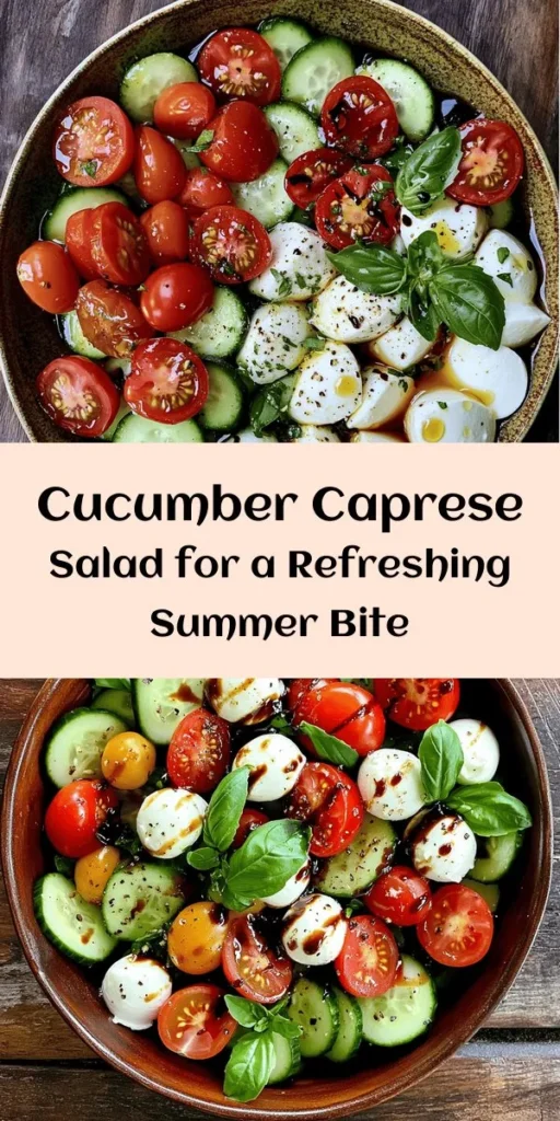 Discover the refreshing flavors of this Cucumber Caprese Delight! Perfect for a summer gathering or a healthy snack, this easy recipe combines crisp cucumber rounds, juicy cherry tomatoes, and creamy mozzarella, all tossed in a light dressing of olive oil and balsamic vinegar. With just 15 minutes of prep time, you’ll have a vibrant salad that showcases fresh basil and simple ingredients. Let it sit for a few minutes to enhance the flavors before serving to your friends and family. Enjoy!
