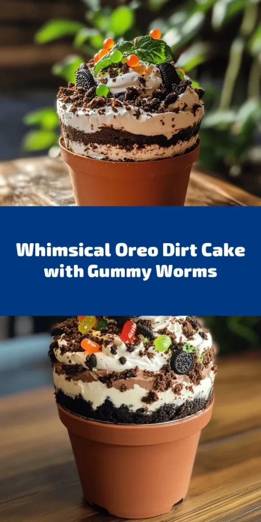 Create a fun and delicious treat with this Oreo Dirt Cake recipe! Perfect for gatherings or a playful dessert, this cake combines crushed Oreo cookies, creamy layers of chocolate pudding, and cream cheese, all topped with gummy worms for a whimsical touch. Serve it in a potted plant or large bowl for a unique presentation. Easy to make and sure to impress, this dessert will be a hit with kids and adults alike. Get ready for a delightful experience!