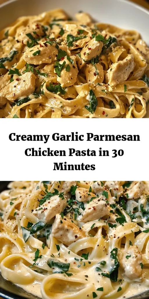 Indulge in a deliciously creamy Chicken Garlic Parmesan Pasta that's perfect for any dinner! This quick recipe combines tender chicken, fettuccine, and a rich sauce made with heavy cream and Parmesan cheese, all brought to life with garlic and baby spinach. Ready in just 30 minutes, this dish is not only simple but also a delightful crowd-pleaser. Don’t forget to garnish with fresh parsley and a pinch of red pepper flakes for an extra kick! Perfect for weeknights or special gatherings.
