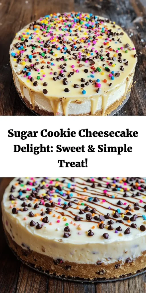 Indulge in this delightful Sugar Cookie Cheesecake, a perfect blend of buttery sugar cookie crust and creamy cheesecake filling! This recipe features a simple crust made from flour, butter, and a touch of almond extract, topped with a rich cream cheese filling mixed with sugar and optional chocolate chips or sprinkles. Finish it off with a sweet icing drizzle for an extra touch. Perfect for any occasion, this dessert is sure to impress!