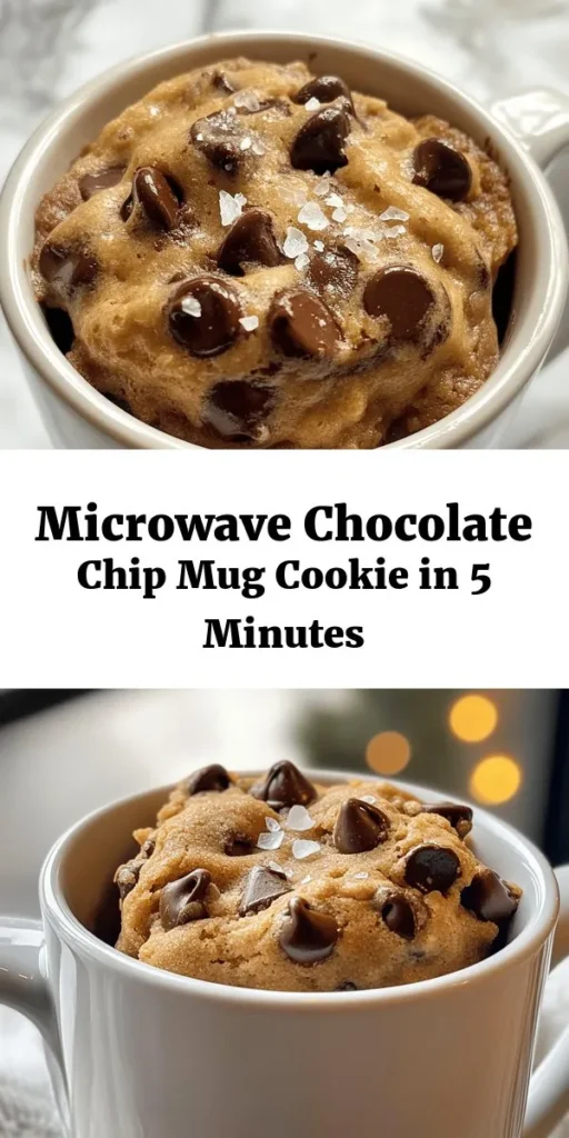 Treat yourself to a deliciously quick indulgence with this Microwave Chocolate Chip Mug Cookie recipe! In just 5 minutes, you can whip up a warm, gooey cookie right in your mug. Made with simple ingredients like butter, sugars, and chocolate chips, it's perfect for satisfying those sweet cravings. Top it off with a sprinkle of sea salt for an extra flavor boost. Just grab your mug, microwave, and enjoy a delightful dessert in no time!