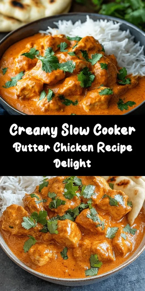 Savor the rich flavors of this Creamy Slow Cooker Indian Butter Chicken! Perfectly tender chicken thighs simmer in a blend of aromatic spices, tomatoes, and a luscious sauce made with heavy cream and Greek yogurt. This easy recipe is ideal for a weeknight dinner, requiring just 20 minutes of prep. Serve it over fluffy basmati rice or with warm naan for a comforting meal. Don’t forget to garnish with fresh cilantro for that extra pop of flavor!