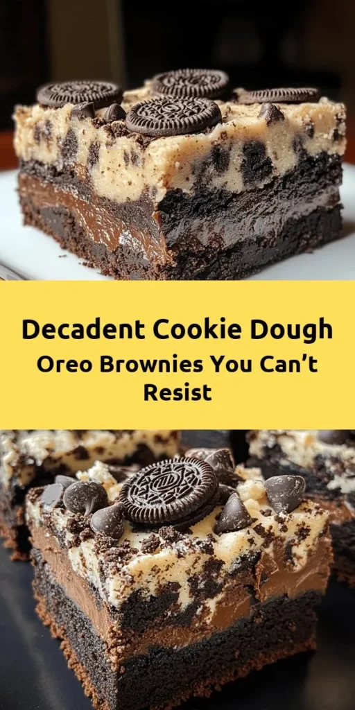Indulge in the ultimate dessert experience with these Cookie Dough Oreo Brownies! Featuring a rich brownie layer packed with chopped Oreos, topped with a delicious cookie dough layer made from heat-treated flour and chocolate chips, this recipe is a chocolate lover's dream. Finish it off with crushed Oreos and mini chocolate chips for an irresistible crunchy topping. Perfect for sharing, but you might just want to keep them all to yourself!