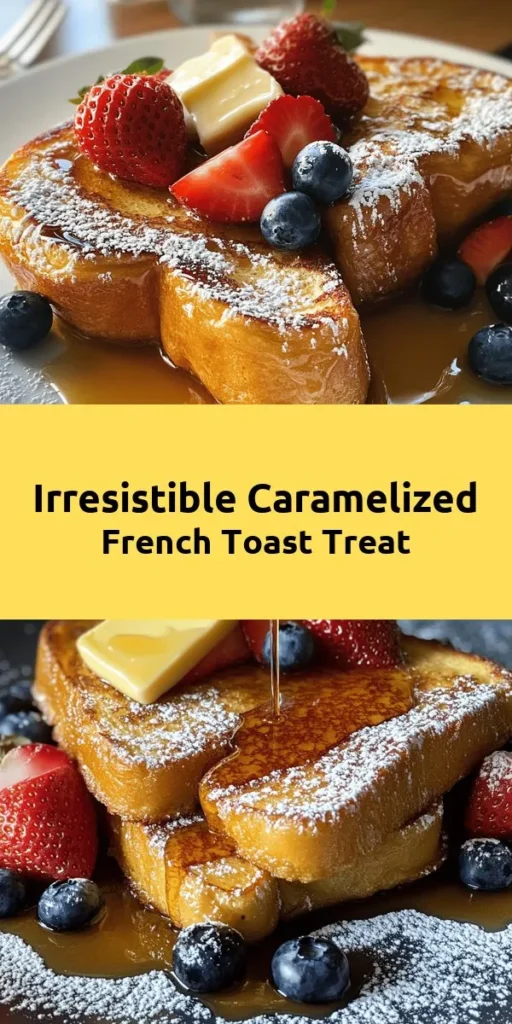 Indulge in the sweet goodness of Caramelized French Toast Delight! This easy recipe features thick slices of brioche or challah soaked in a creamy egg mixture with vanilla and cinnamon, then cooked to golden perfection. Each bite is a heavenly combination of warm, crispy toast crowned with a drizzle of maple syrup and vibrant fresh fruits. Perfect for breakfast or brunch, this dish is sure to impress! Enjoy a delicious start to your day!