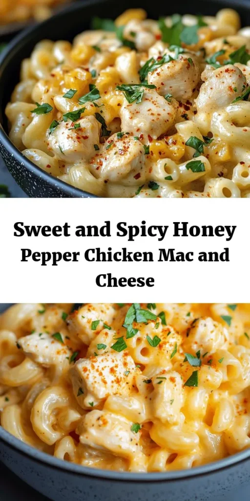 Indulge in a delicious fusion with this Honey Pepper Chicken Mac and Cheese recipe! This creamy and cheesy dish combines tender chicken thighs coated in honey and spices with perfectly cooked elbow macaroni. The rich cheese sauce, featuring sharp cheddar, mozzarella, and Parmesan, creates a comforting meal that's perfect for any occasion. Topped with fresh parsley for a pop of color, it's sure to become a family favorite. Enjoy this delightful twist on classic mac and cheese!