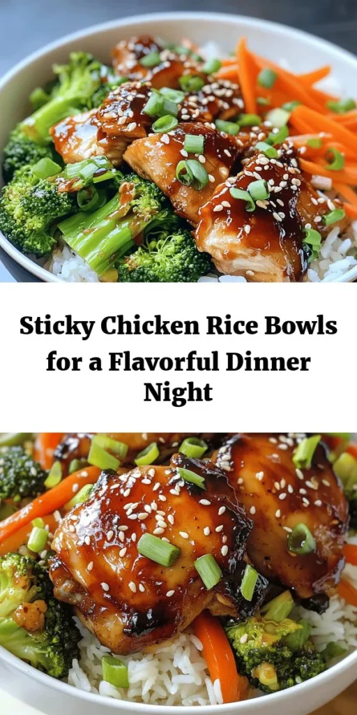 Whip up these delicious Sticky Chicken Rice Bowls for a meal that’s both satisfying and packed with flavor. Tender chicken thighs marinated in a sweet and savory sauce, served over fluffy jasmine rice with vibrant vegetables like broccoli, carrots, and bell peppers. Garnish with sesame seeds and green onions for an extra crunch. Perfect for weeknight dinners or meal prep, this dish is sure to please the whole family! Quick, easy, and oh-so-tasty!