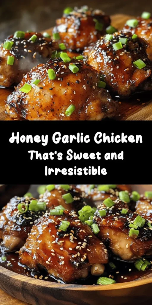 Indulge in the deliciousness of this Sweet and Sticky Honey Garlic Chicken recipe! With tender chicken thighs marinated in a mouthwatering blend of honey, soy sauce, and garlic, every bite is bursting with flavor. Sauté to perfection and create a thick glaze that elevates this dish to new heights. Garnished with green onions and sesame seeds, it's perfect served over rice. Easy to make and irresistibly tasty, this dish is sure to impress your family and friends!