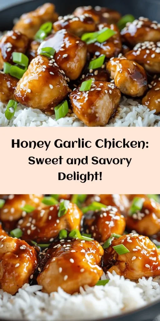 Indulge in the delicious flavors of Sweet & Savory Honey Garlic Chicken! This easy recipe combines tender chicken breasts with a rich honey and soy sauce marinade, perfectly balanced by garlic, ginger, and sesame oil. With a quick marinade and simple baking process, you’ll have a mouthwatering meal in just 40 minutes. Serve over fluffy white rice and top with green onions and sesame seeds for a delightful dinner that’s sure to impress!