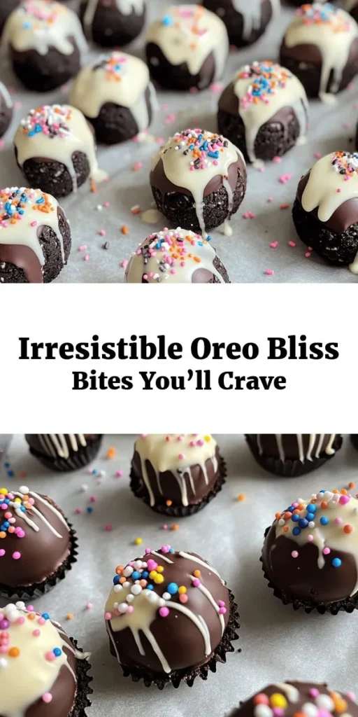 Indulge in these delightful Oreo Bliss Bites, a perfect treat for any occasion! Made with just a few simple ingredients, including crushed Oreos and cream cheese, these no-bake sweets are easy to prepare and absolutely delicious. They're coated in luscious melted chocolate and can be decorated with white chocolate drizzles or sprinkles for an extra touch. Great for parties or as a quick dessert, these bites will satisfy every sweet tooth—give them a try today!