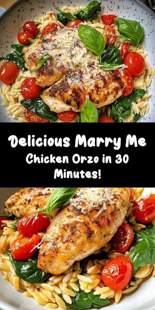 Indulge in this irresistible Marry Me Chicken Orzo recipe that will have everyone asking for seconds! Juicy chicken breasts are seared to perfection, then simmered with creamy orzo, vibrant cherry tomatoes, and fresh spinach. This one-pan wonder is packed with flavor from garlic, thyme, and smoked paprika, all topped with melty Parmesan. Perfect for a romantic dinner or family meal, it’s easy to make in just 30 minutes. Garnish with fresh basil for a stunning presentation!