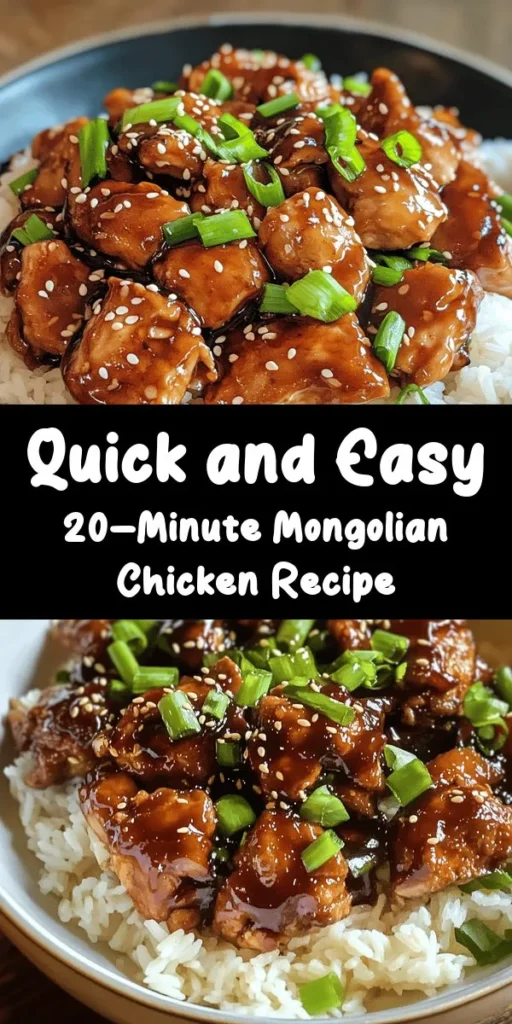 Looking for a quick and delicious dinner option? Try this 20-minute Sweet Savory Mongolian Chicken! With juicy marinated chicken thighs cooked to perfection in a flavorful sauce of soy, hoisin, and honey, it's a delightful blend of sweet and savory. Ready in just 20 minutes, it pairs perfectly with jasmine or basmati rice. Garnish with fresh green onions and sesame seeds for an extra touch. Perfect for busy weeknights!