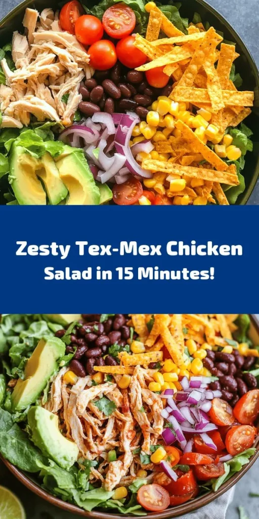 Looking for a fresh and flavorful meal? Try this Tex-Mex Chopped Chicken Salad! Packed with shredded chicken, black beans, corn, and vibrant veggies, this salad is a colorful and healthy option for lunch or dinner. Tossed in a zesty lime and spice dressing, it’s both satisfying and quick to make in just 15 minutes. Perfectly topped with cheese and crunchy tortilla strips, it’s sure to become a family favorite. Enjoy a taste of Mexico tonight!