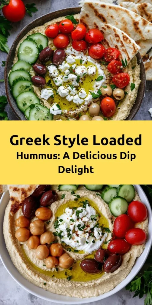 Dive into the deliciousness of Greek Style Loaded Hummus! This creamy, flavorful dip is made with chickpeas, tahini, garlic, and topped with fresh cucumbers, cherry tomatoes, Kalamata olives, and feta cheese. Perfect for sharing with warm pita bread, it's a crowd-pleaser that's ready in just 15 minutes. Garnish with olive oil and parsley for an extra pop of color. Ideal as a dip or side dish for any occasion! Enjoy a taste of Greece at home!