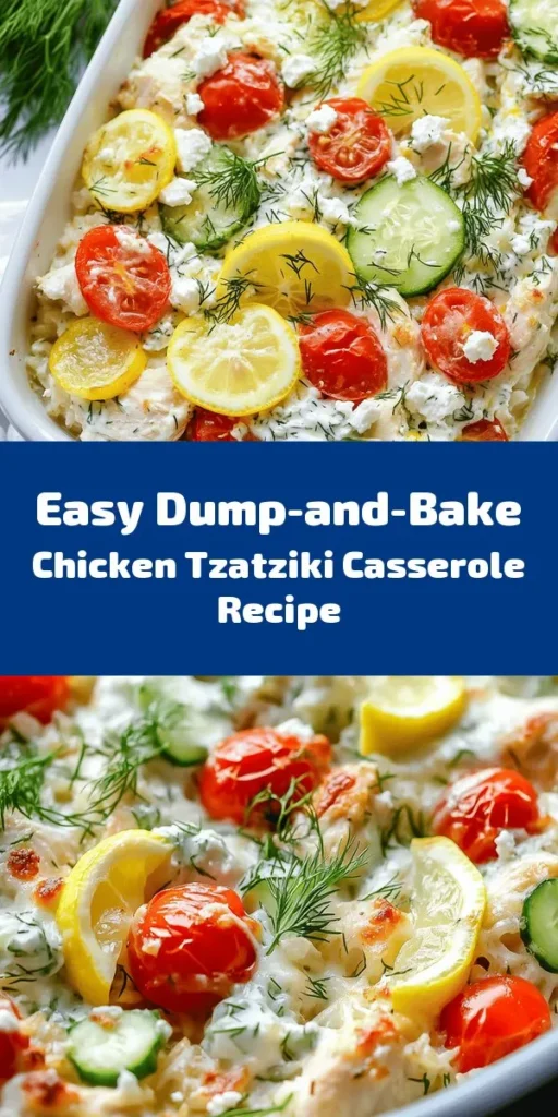 This Dump-and-Bake Chicken Tzatziki Casserole is a game-changer for weeknight dinners! With bite-sized chicken, fluffy rice, fresh veggies, and a creamy tzatziki sauce made from Greek yogurt, this dish is packed with flavor. Topped with gooey mozzarella and optional feta, it's a delightful mix of textures. Easy to assemble and bake, this one-pan wonder serves 4-6 and is perfect for a quick and delicious family meal. Enjoy the taste of Greece in your kitchen!