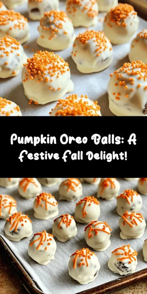 Get ready for the ultimate fall treat with these Pumpkin Oreo Balls! Combining crushed Oreos, creamy pumpkin puree, and rich cream cheese, these no-bake delights are coated in smooth white chocolate and topped with festive orange sprinkles. Perfect for Halloween or any autumn gathering, they're easy to make and oh-so-delicious! With a prep time of just 15 minutes and a total time of an hour and 15 minutes, you’ll have 20 sweet bites to enjoy. Try this fun recipe and share the seasonal joy!