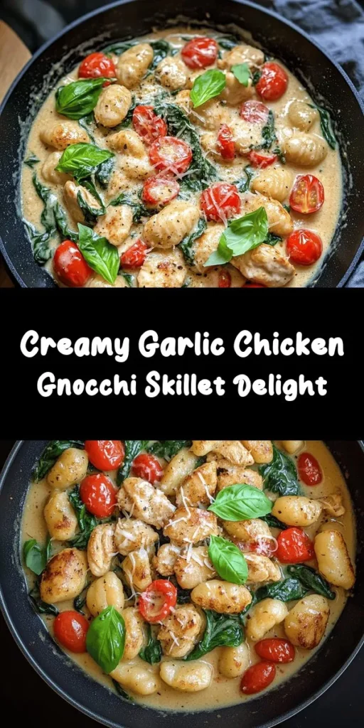This Garlic Chicken Gnocchi Skillet is the perfect one-pan meal that's delicious and easy to make! Sauté tender chicken with aromatic garlic, spicy red pepper flakes, and vibrant cherry tomatoes. Add fresh spinach and creamy sauce for a rich flavor that pairs perfectly with pillowy gnocchi. Topped with Parmesan cheese and fresh basil, this dish is sure to impress at dinner time. Ready in just 30 minutes, it’s a quick weeknight favorite!