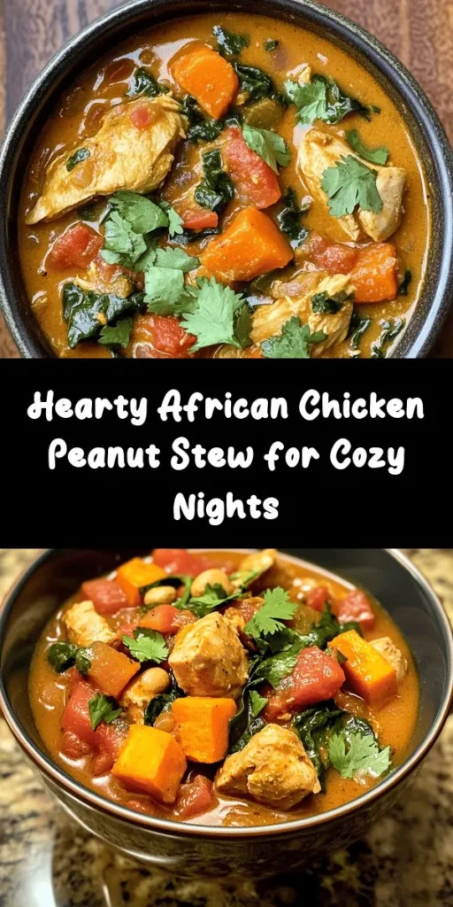 Dive into the rich flavors of Savory African Chicken Peanut Stew! This delicious one-pot dish features tender chicken thighs, creamy peanut butter, and hearty sweet potatoes, all simmered to perfection with spices and fresh spinach. Perfect for a cozy dinner, this recipe is packed with nutrients and flavor, making it a family favorite. Serve it with rice or crusty bread for a delightful meal. Enjoy your culinary adventure!